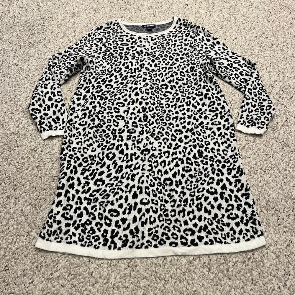 Lands End Leopard Print Long Sleeve Sweater Dress M Petite Casual Preppy